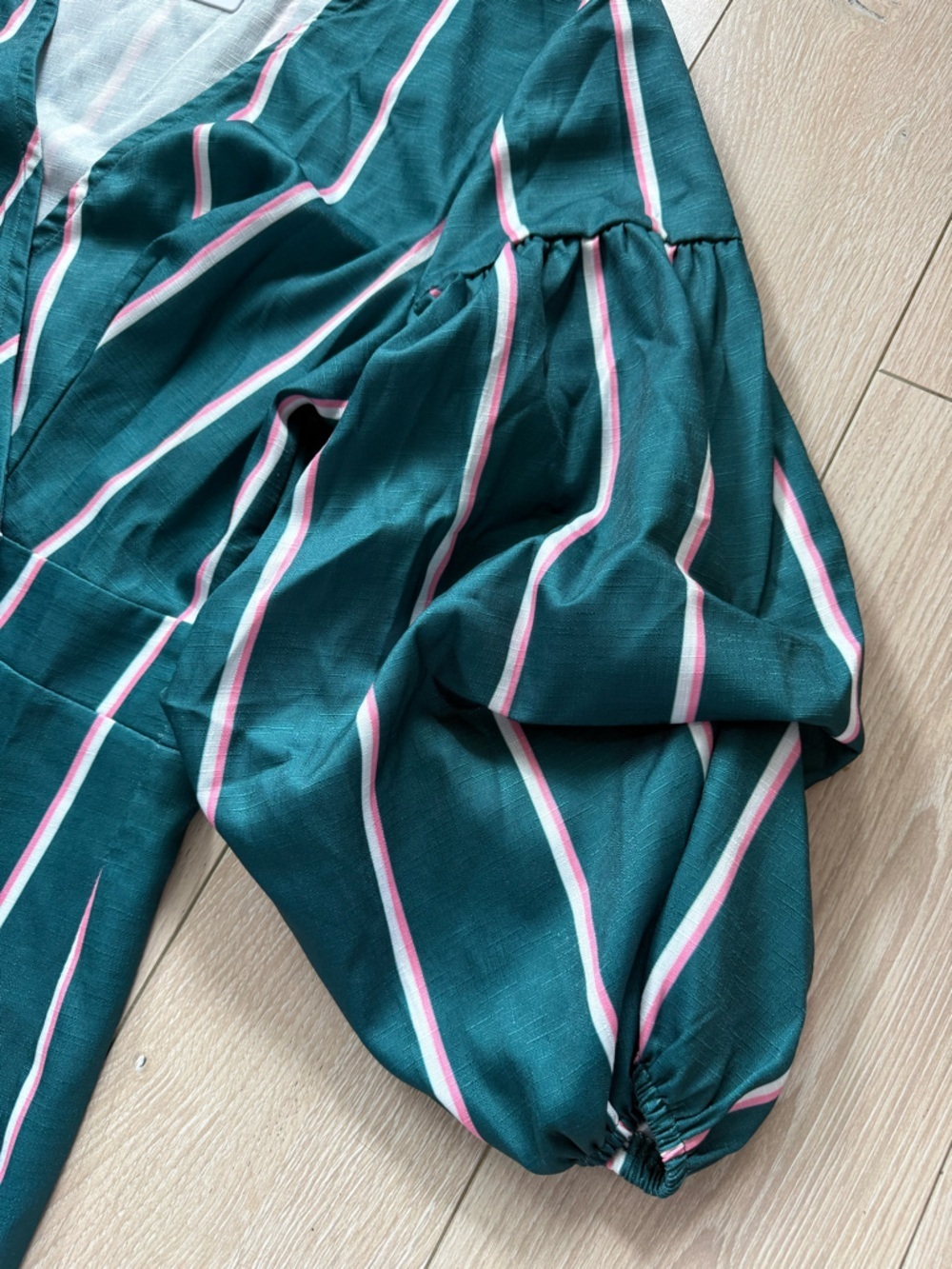 NWT Cupshe Pinstriped Puff-Sleeve Midi Dress in Green & Pink Women’s Size Large - Picture 7 of 13